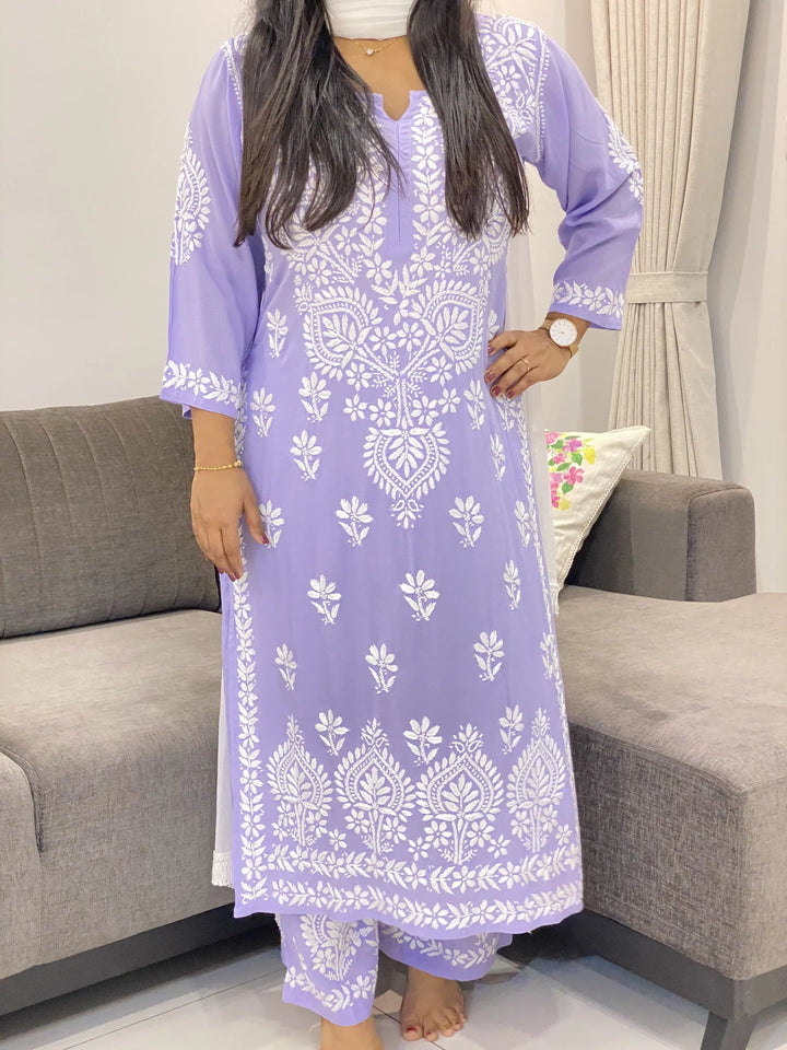 Lavender Opium Premium Modal Chikankari Women's Solid Long Kurta Palazzo Set