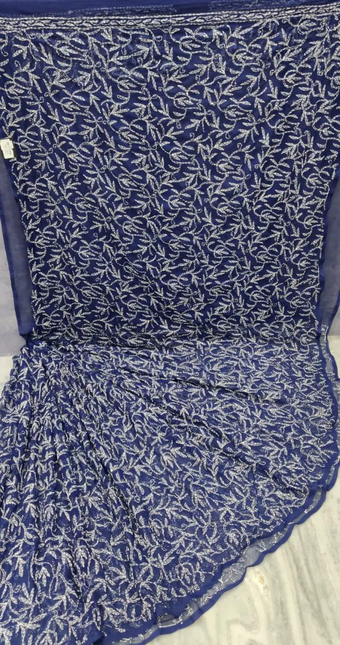 Navy Blue Hansa Tapchi Chikankari Hand Embroidered Women's Saree