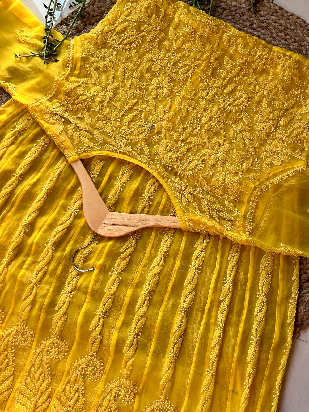 Yellow Tara Resham Chikankari Hand Embroidered Women's Yog Anarkali Kurta