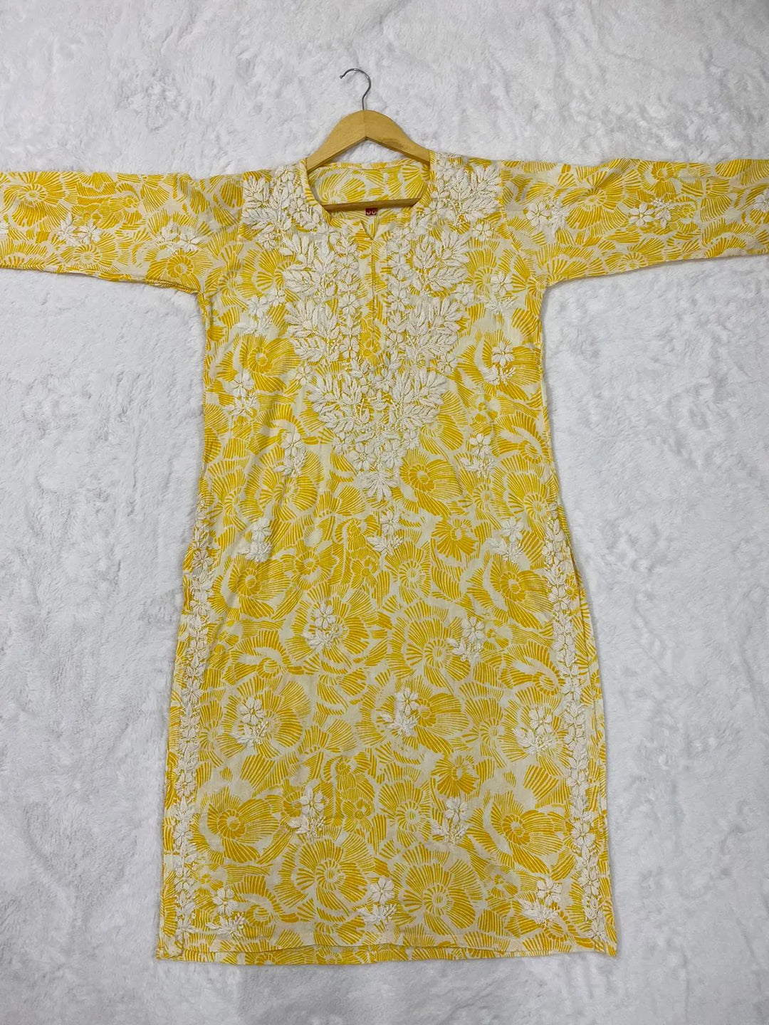 Yellow & White Inayat Cotton Chikankari Hand Embroidered Women's Long Kurta