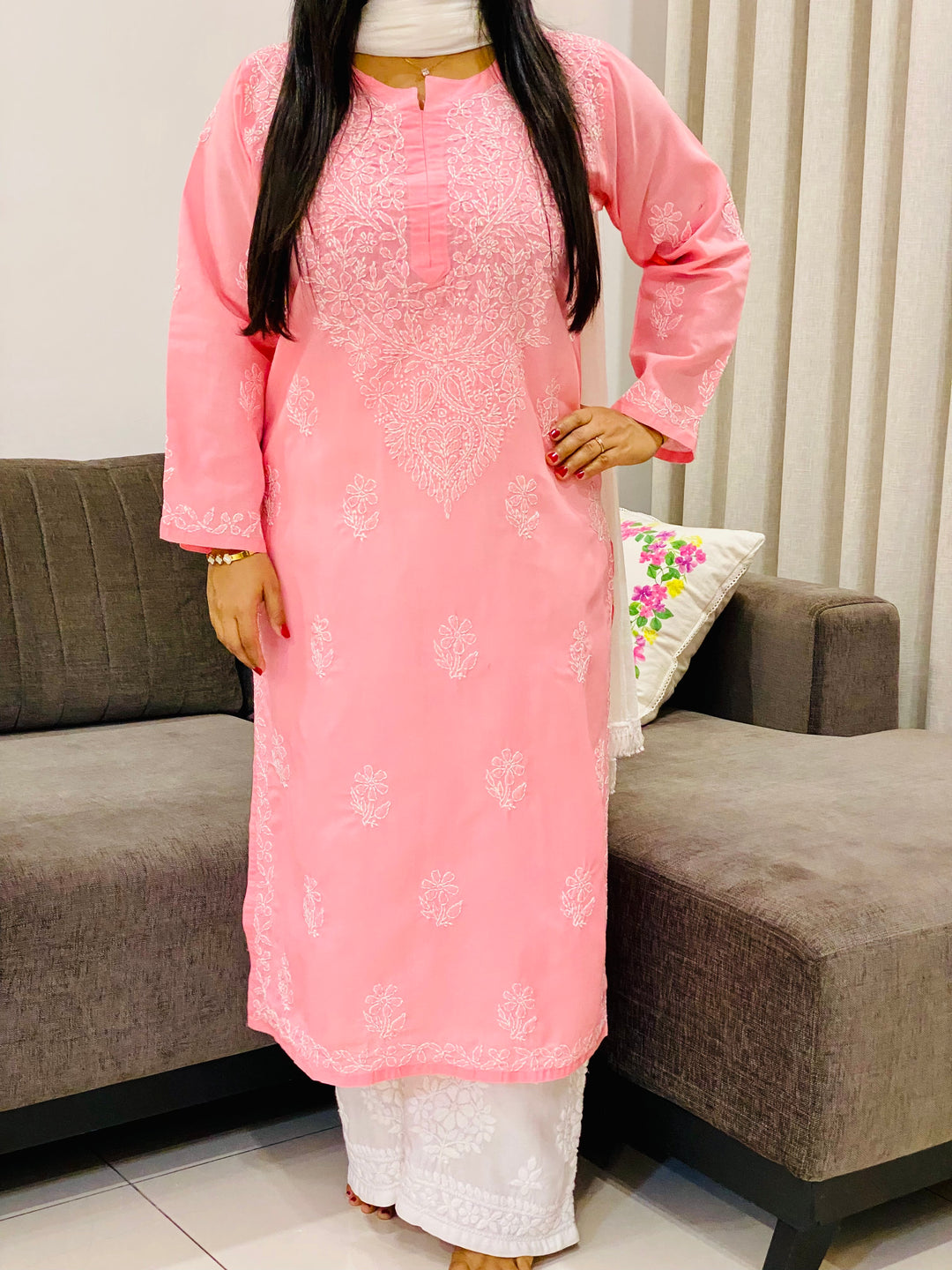 Peach Bani Voil Cotton Chikankari Hand Embroidered Women's Solid Long Kurta