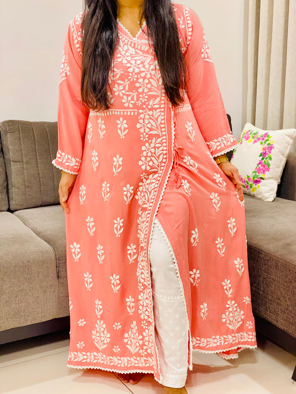 Peach Tripti Rayon Chikankari Handwork Solid Women's Angrakha Kurta