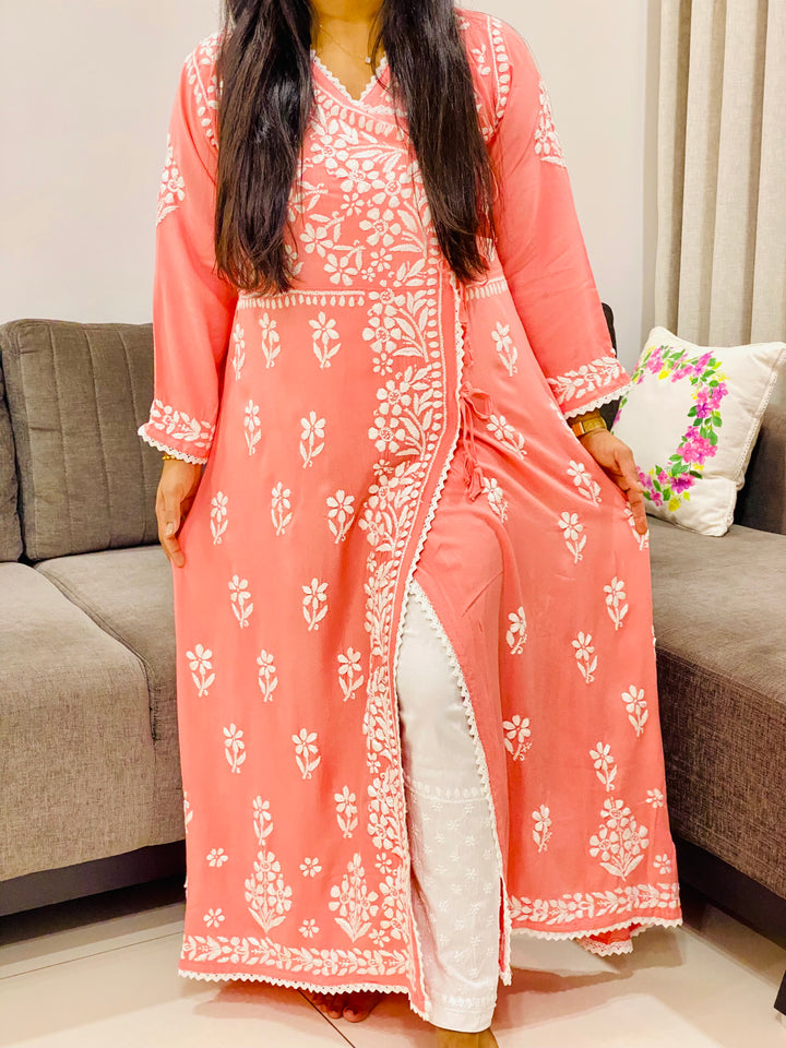 Peach Tripti Rayon Chikankari Handwork Solid Women's Angrakha Kurta