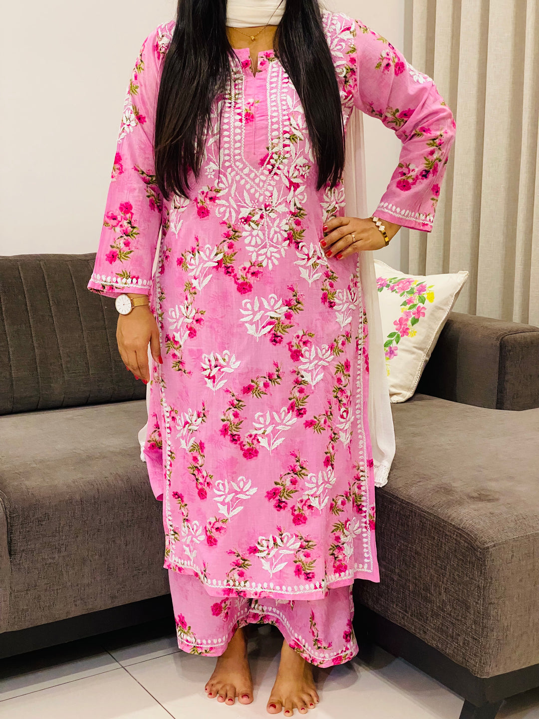 Pink Diana Mulmul Chikankari Floral Women's Long Kurta Palazzo Set