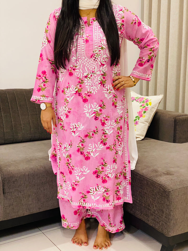 Pink Diana Mulmul Chikankari Floral Women's Long Kurta Palazzo Set