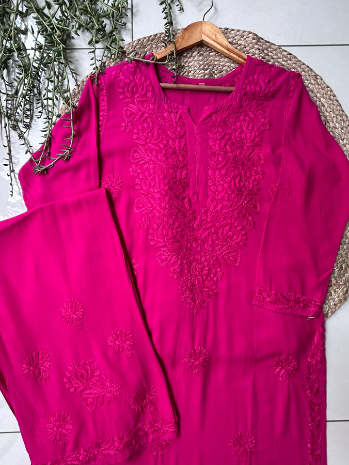Rani Pink Palak Premium Chikankari Hand Embroidered Kurta Palazzo Set