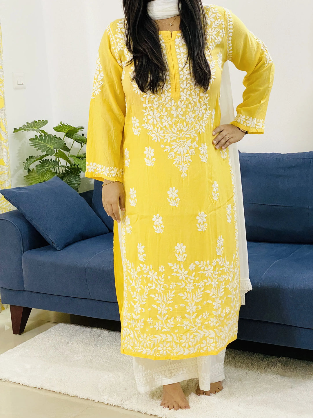 Yellow Daman Jaal Premium Modal Cotton Chiknakari Women's Solid Long Kurta