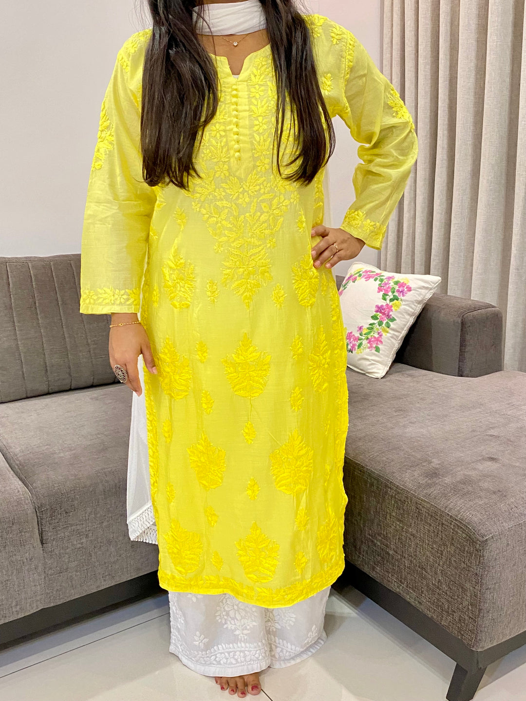 Light Yellow Butta Jaal Chanderi Silk Chikankari Women's Solid Long Kurta