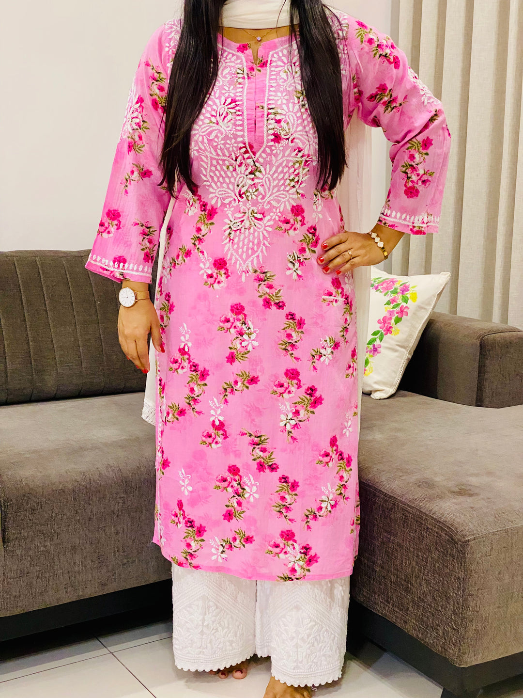 Pink Dvita Mulmul Chikankari Floral Women's Long Kurta