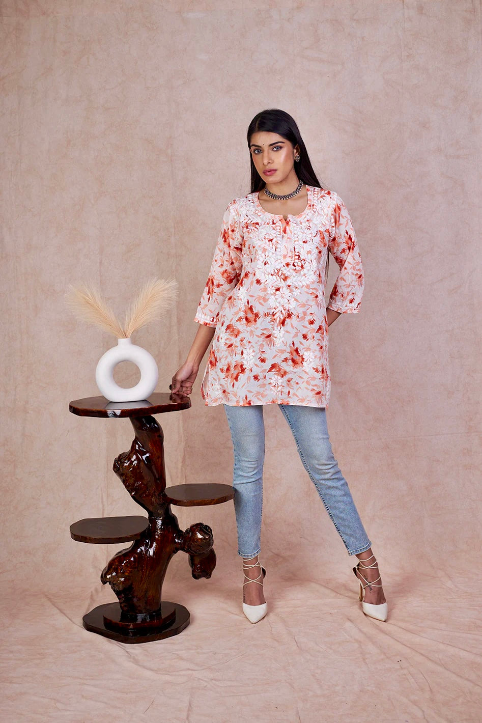 Orange Kannika Mulmul Printed Short kurti