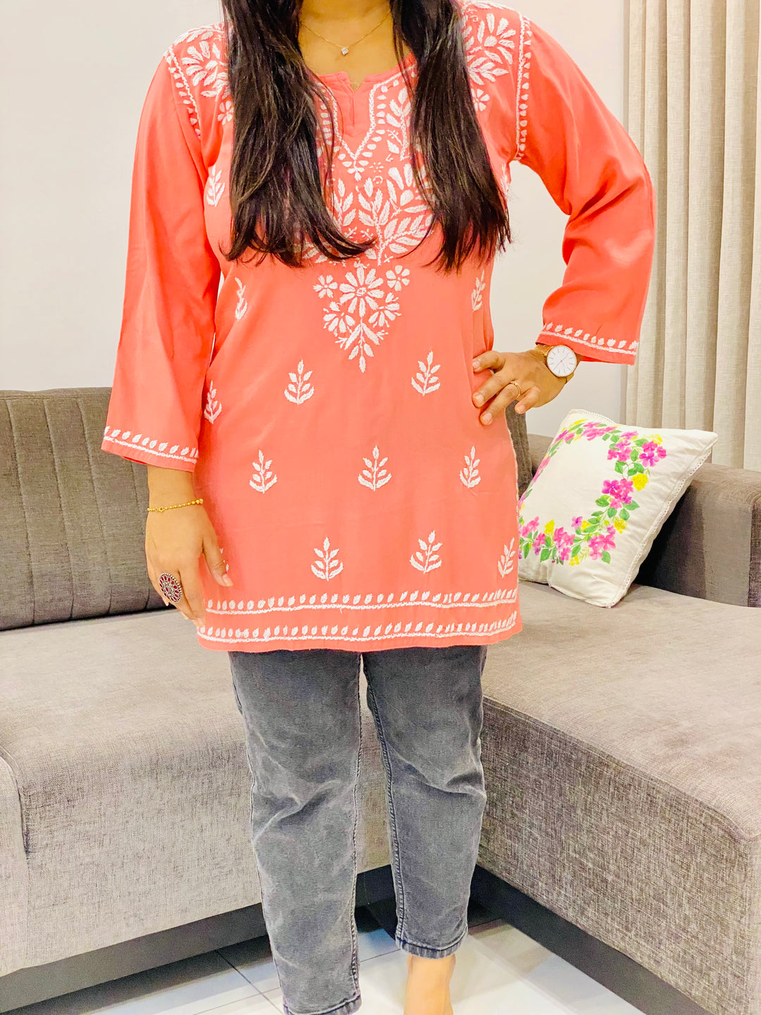 Peach Anisha Rayon Chikankari Handwork Women's Solid Short Kurta