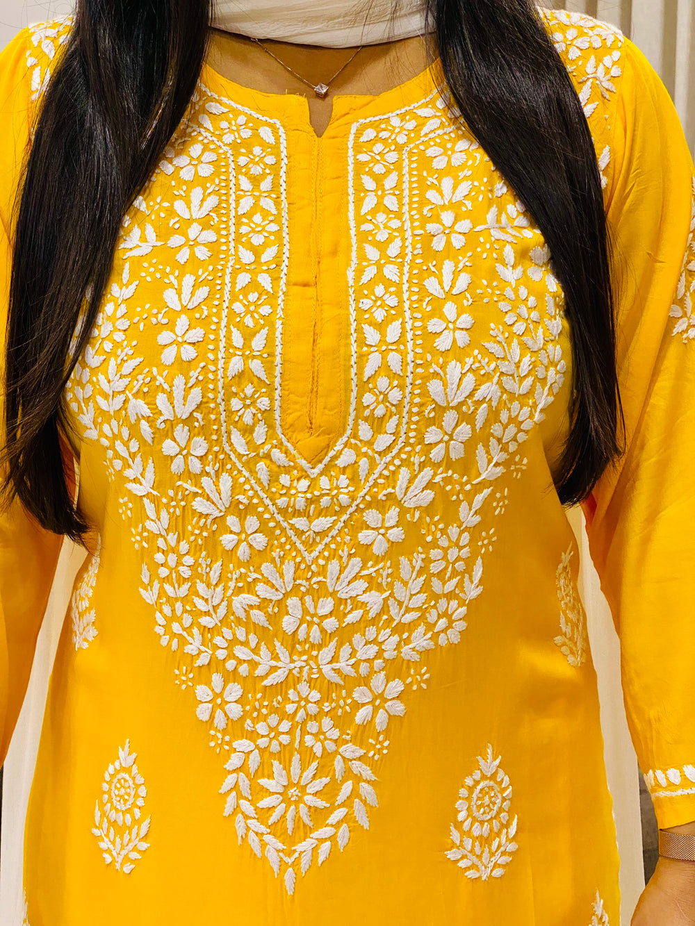Yellow Niya Premium Modal Chikankari Solid Women's Long Kurta
