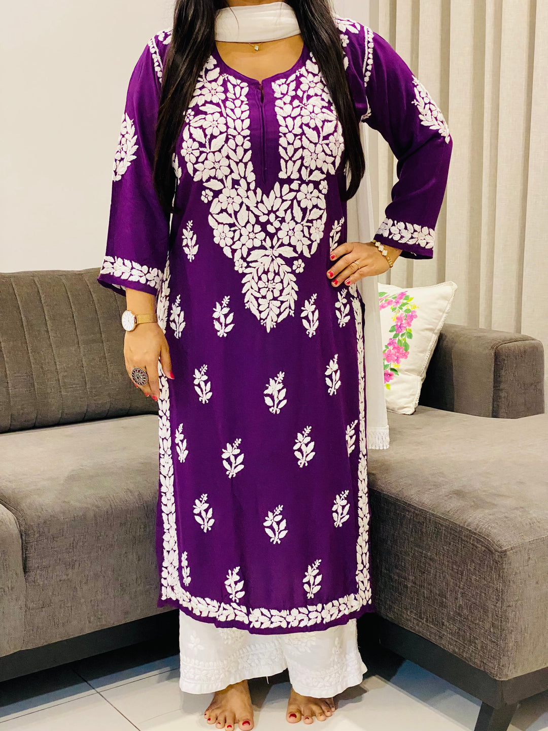Purple Falak 3D Chikankari Hand Embroidery Design Rayon Womens Kurta