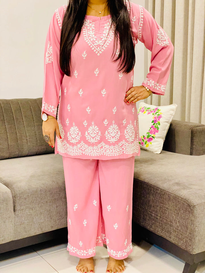 Rose Pink Trisha Rayon Chikankari Handwork Women's Co-ord Set