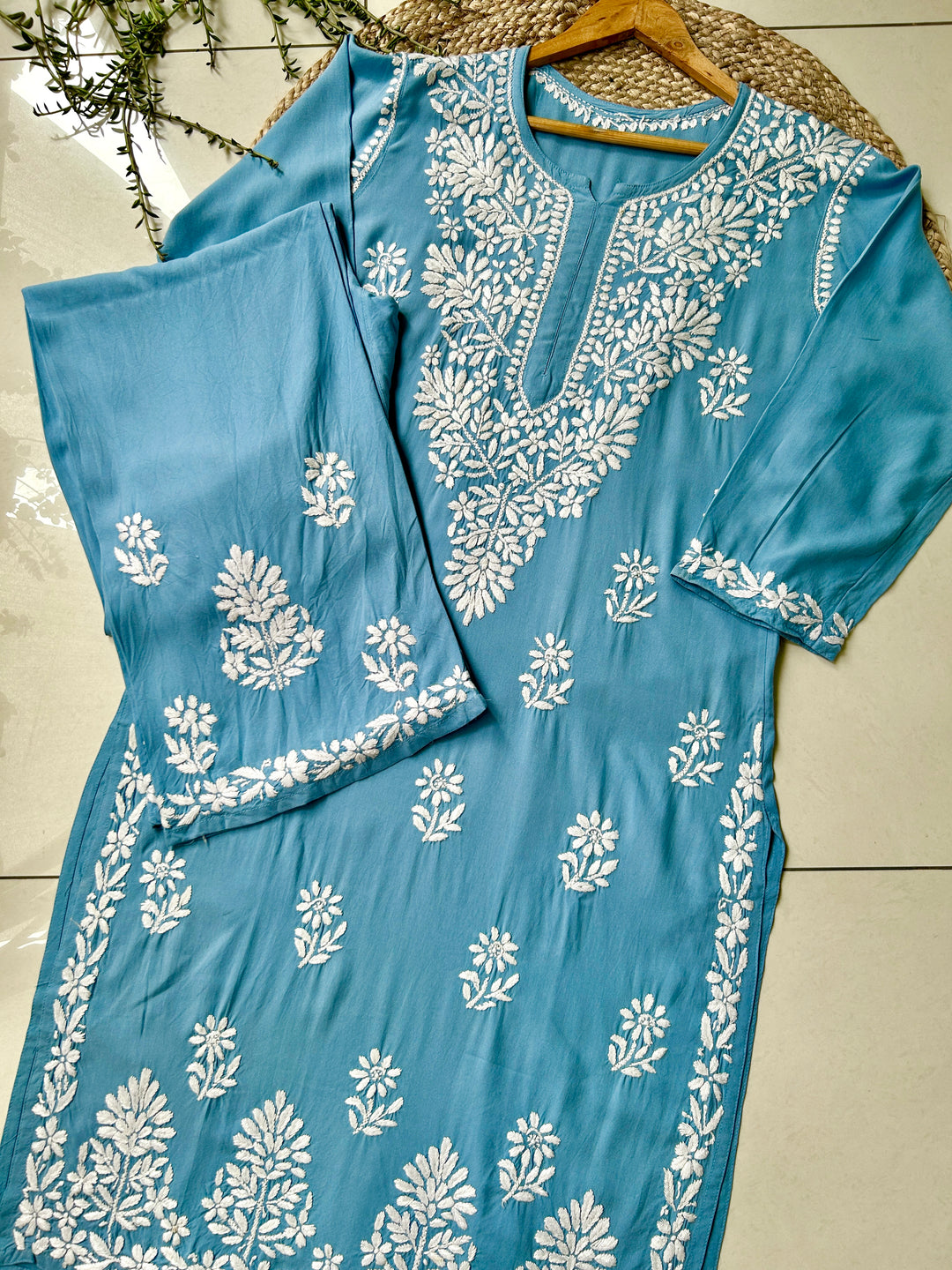 Powder Blue Sangriya Rayon Chikankari Handwork women kurta palazzo set