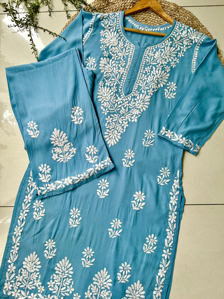 Powder Blue Sangriya Rayon Chikankari Handwork women kurta palazzo set