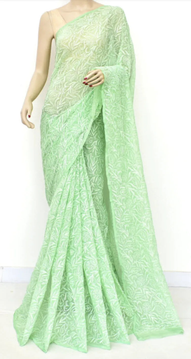 Pista Green Hansa Tapchi Chikankari Hand Embroidered Women's Saree