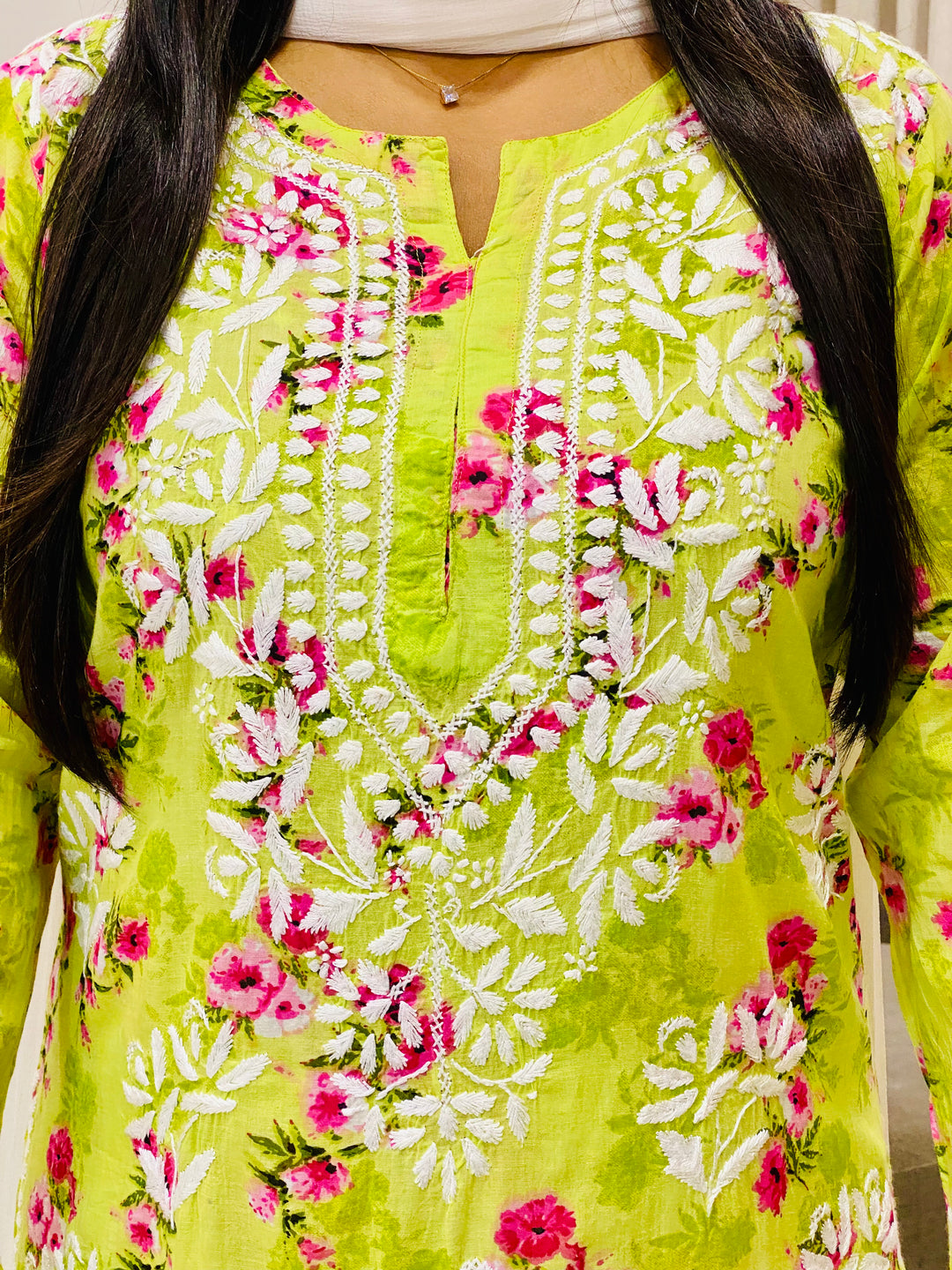 Green Diana Mulmul Chikankari Floral Women's Long Kurta Palazzo Set