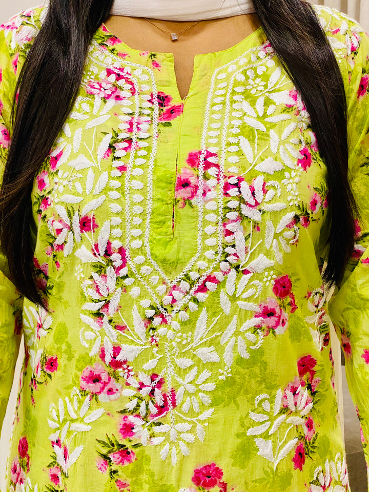 Green Diana Mulmul Chikankari Floral Women's Long Kurta Palazzo Set