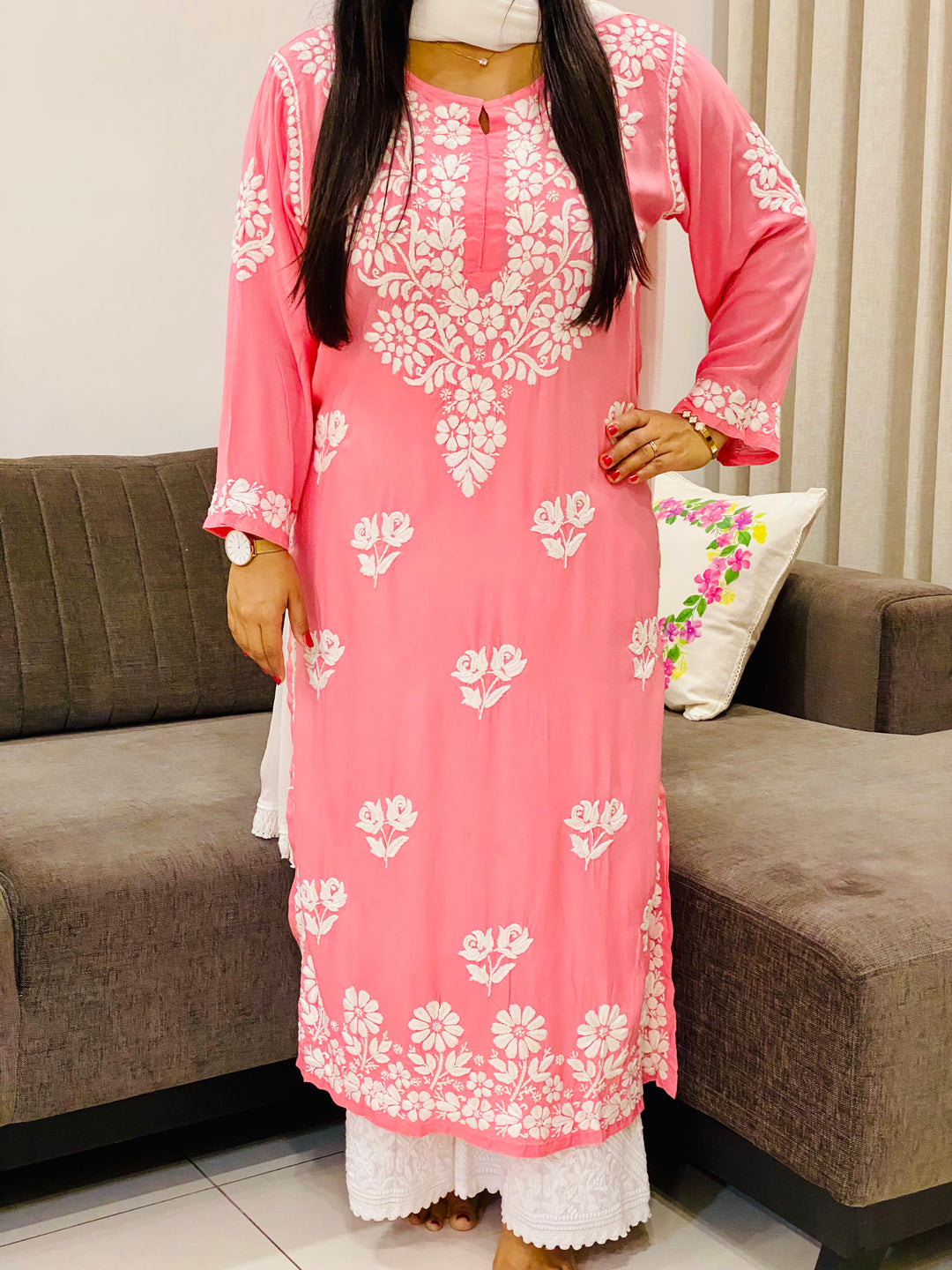 Peach Bahar Premium Modal Chikankari Women's Long Solid Kurta