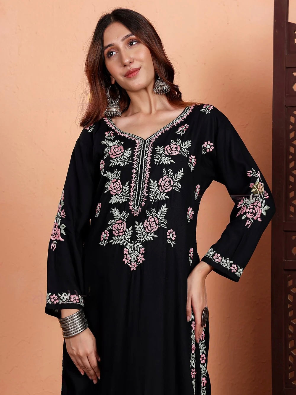 Black Irya Rayon Chikankari Hand Embroidered Women's Long Kurta