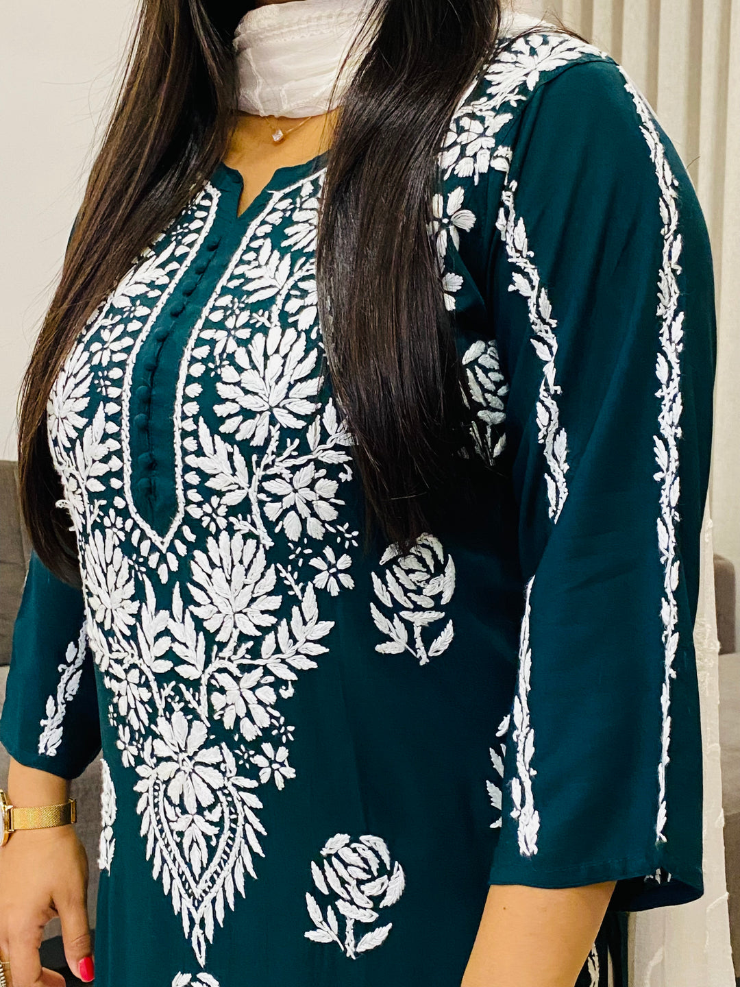 Bottle Green Naaz Premium Modal Chikankari Women's Solid Long Kurta