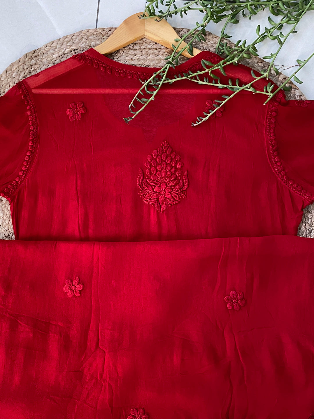 Red Zoya Viscose Chikankari Kurta with Dupatta