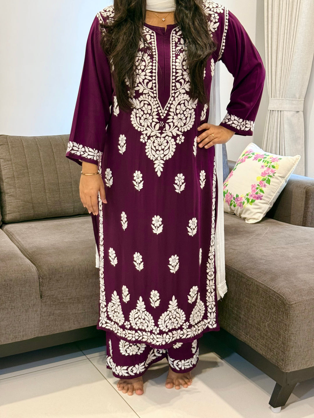 Wine Sangriya Rayon Chikankari Handwork women kurta palazzo set