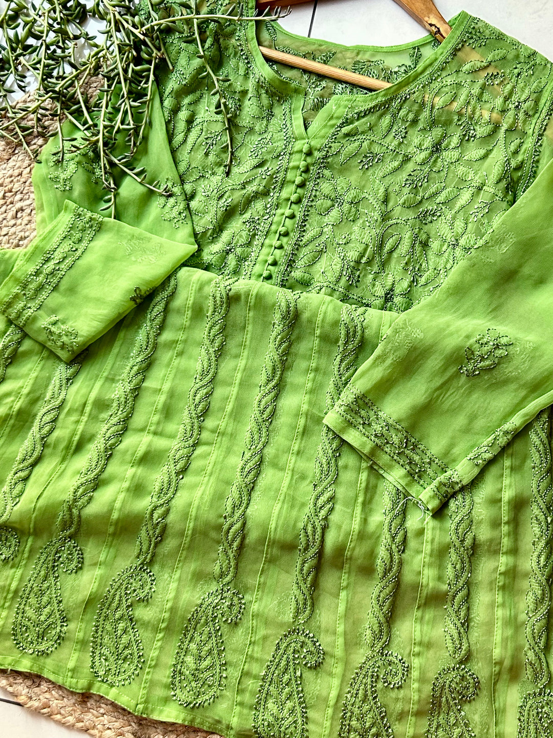 Green Tara Resham Chikankari Hand Embroidered Women's Yog Anarkali Kurta