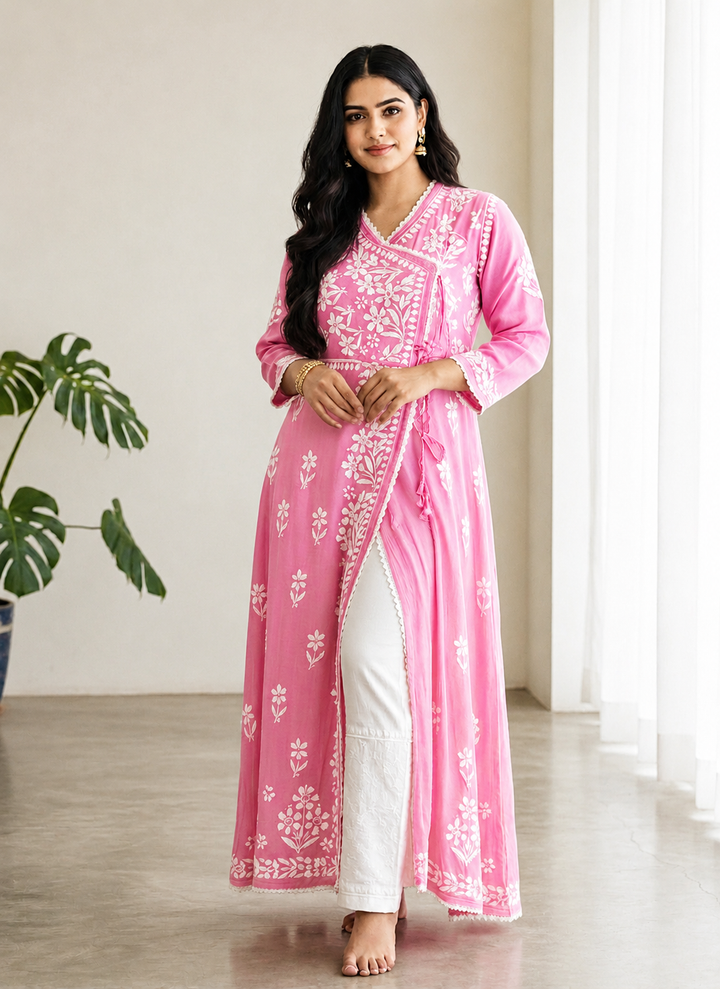 Tripti Rayon Chikankari Handwork Solid Women's Angrakha Kurta - Pink