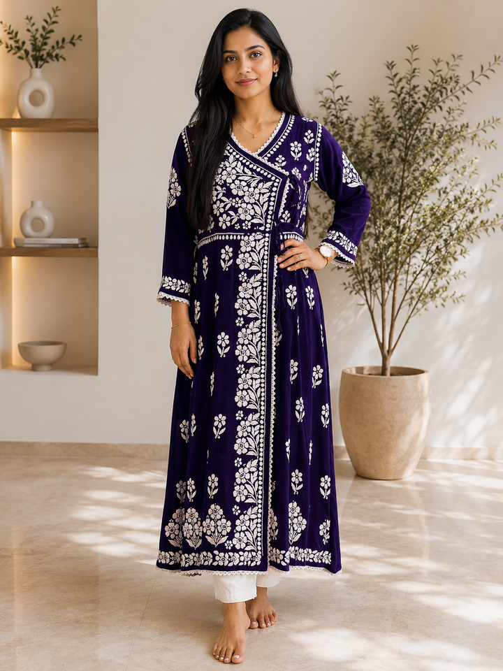 Tripti Rayon Chikankari Handwork Solid Women's Angrakha Kurta - Purple