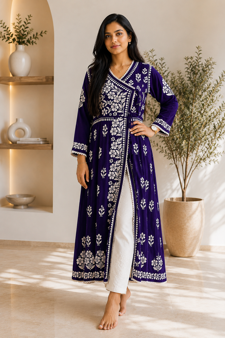 Tripti Rayon Chikankari Handwork Solid Women's Angrakha Kurta - Purple