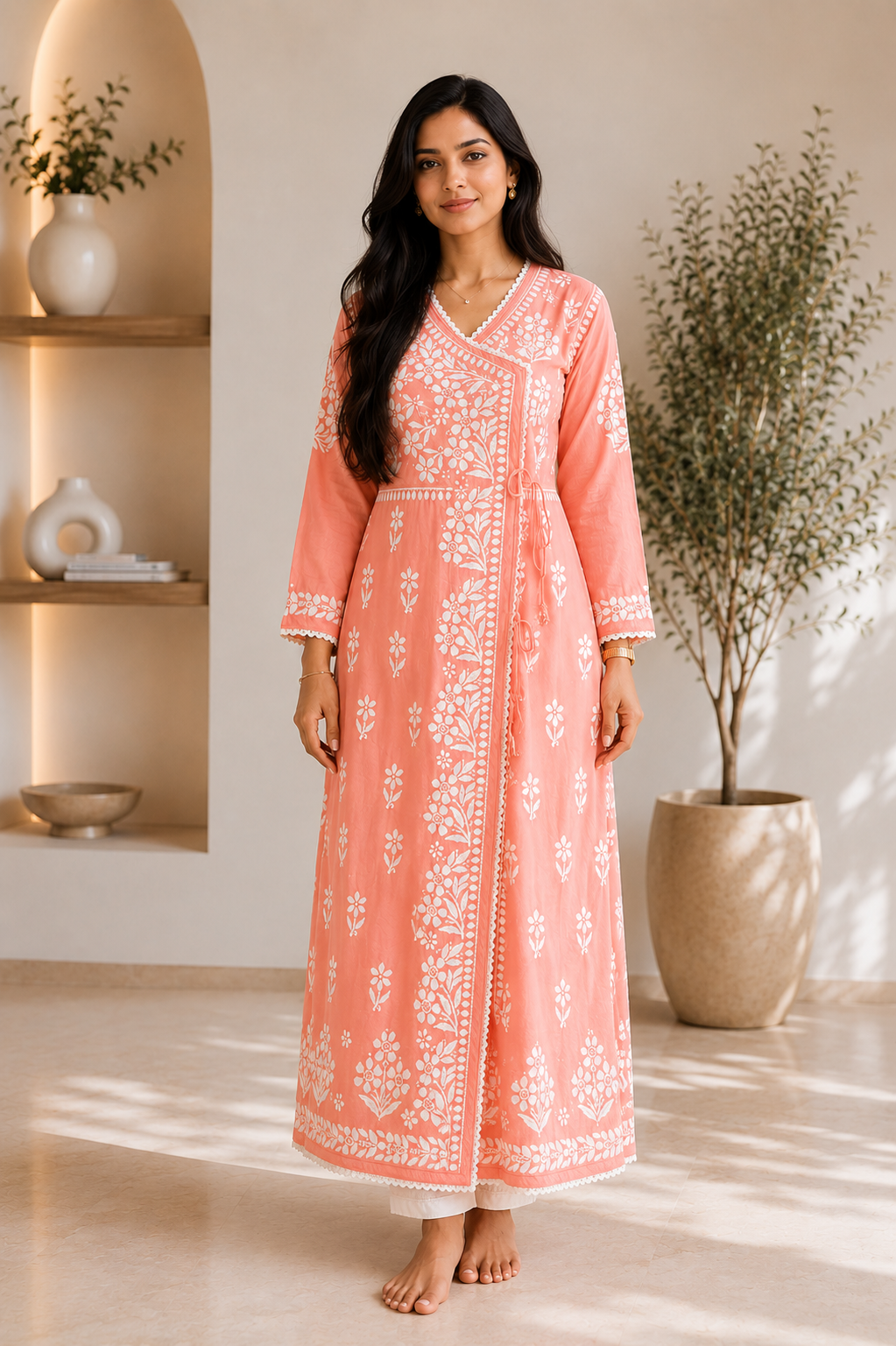 Tripti Rayon Chikankari Handwork Solid Women's Angrakha Kurta - Peach