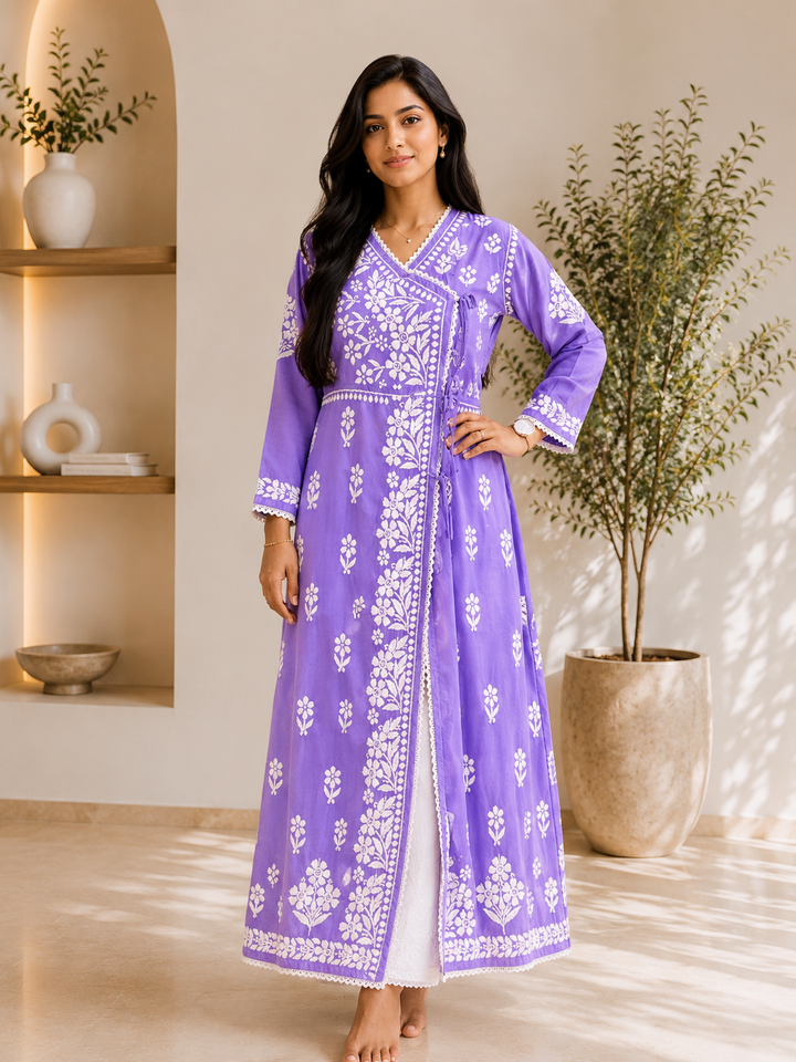 Tripti Rayon Chikankari Handwork Solid Women's Angrakha Kurta - Lavender