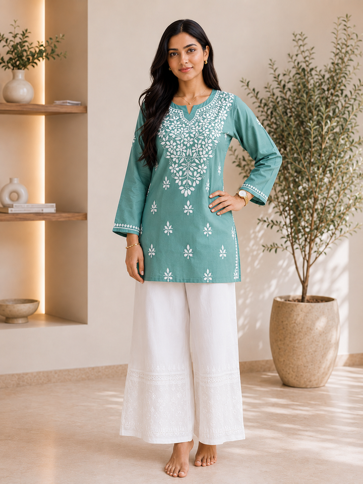 Ekra Cotton Chikankari Solid Women's Short Kurta - Army Green