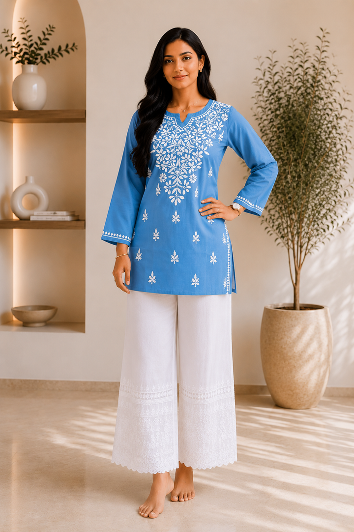 Ekra Cotton Chikankari Solid Women's Short Kurta - Powder Blue