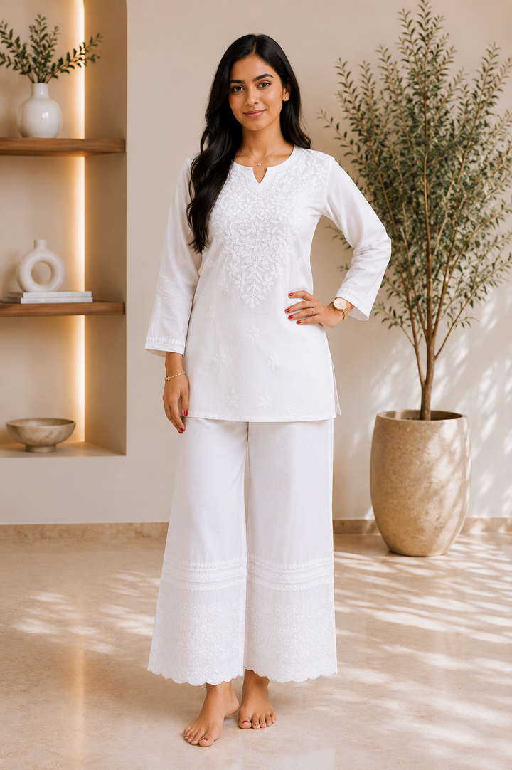 Ekra Cotton Chikankari Solid Women's Short Kurta - White