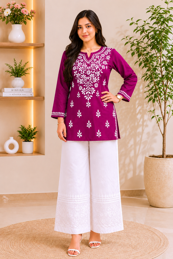 Ekra Cotton Chikankari Solid Women's Short Kurta - Wine