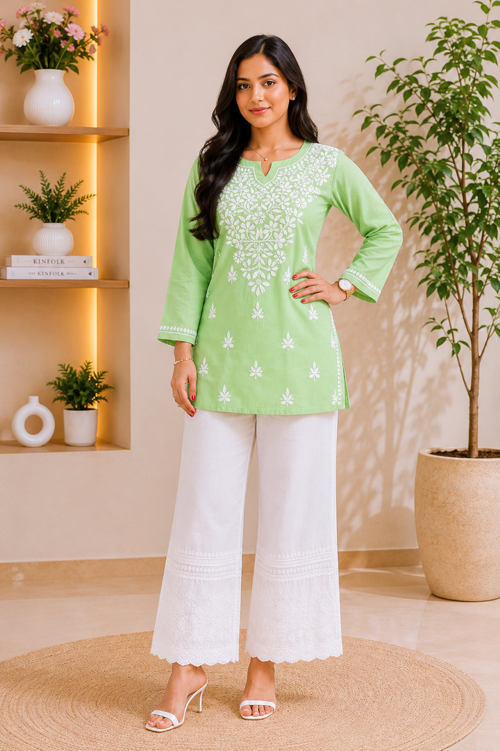 Ekra Cotton Chikankari Solid Women's Short Kurta - Pista