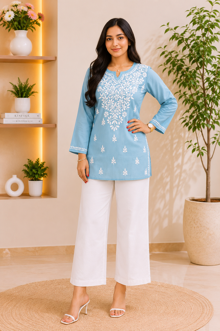 Ekra Cotton Chikankari Solid Women's Short Kurta - English Blue