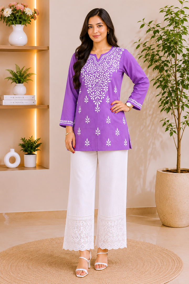 Ekra Cotton Chikankari Solid Women's Short Kurta - Lavender
