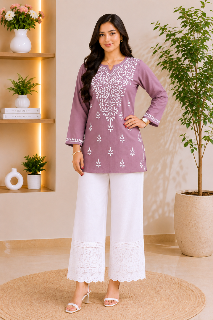 Ekra Cotton Chikankari Solid Women's Short Kurta - Mauve