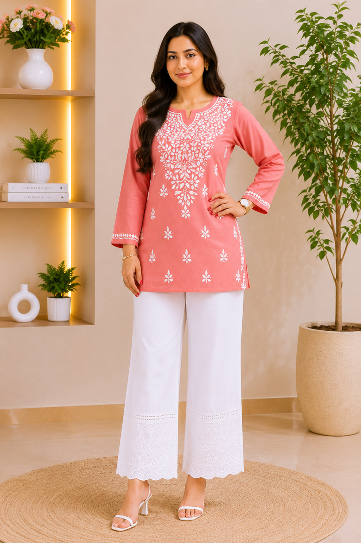 Ekra Cotton Chikankari Solid Women's Short Kurta - Peach