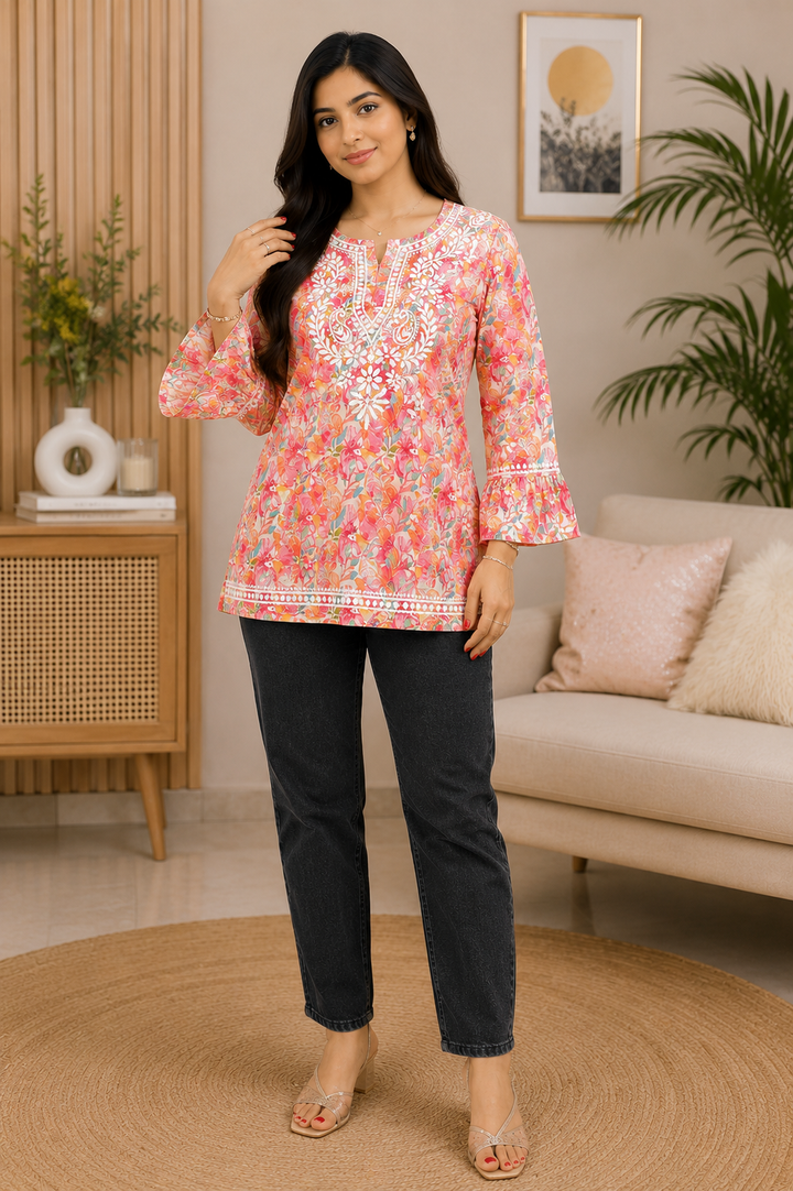 Bell Fancy Sleeve Chikankari Hand Embroidered Women's Floral Short Kurta - Peach