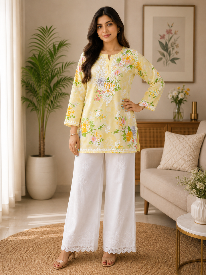 Nisha Mulmul Chikankari Hand Embroidered Women's Floral Short kurta - Beige