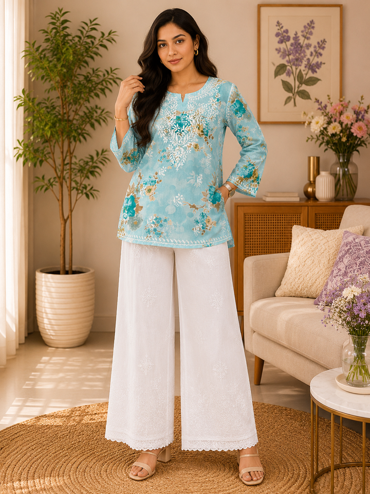 Nisha Mulmul Chikankari Hand Embroidered Women's Floral Short kurta - Mint Blue