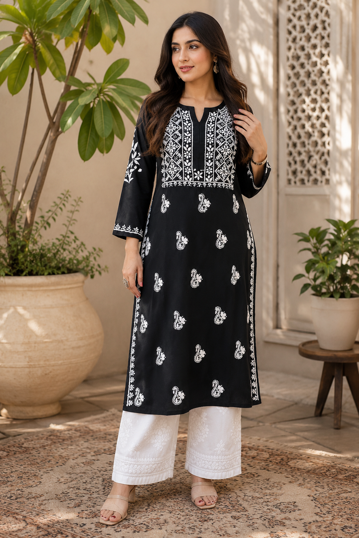 Nora Premium Modal Chikankari Solid Women's Kurta - Black