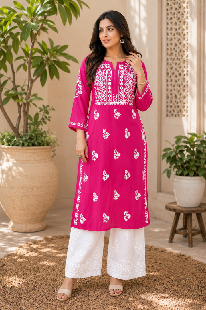 Nora Premium Modal Chikankari Solid Women's Kurta - Magenta