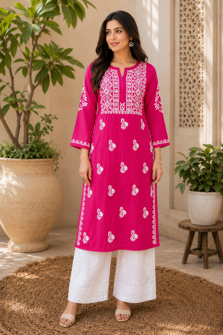 Nora Premium Modal Chikankari Solid Women's Kurta - Magenta