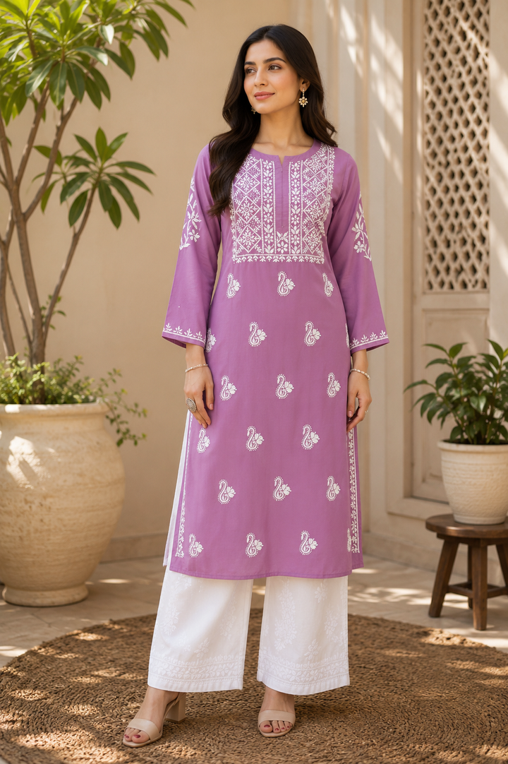 Nora Premium Modal Chikankari Solid Women's Kurta - Mauve